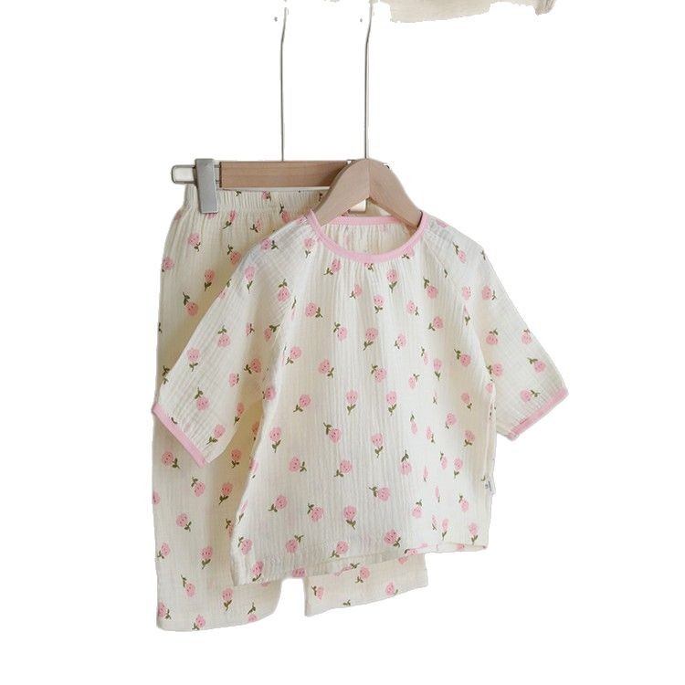 Picture of 2025 Children's Air Conditioning Home Clothes Cartoon Double-Layer Cotton Yarn Pajamas for Boys and Girls Pure Cotton Summer Thin Sleeve suit
