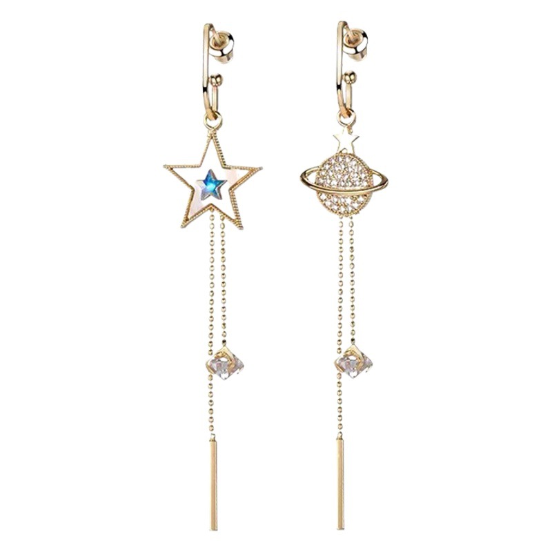 S925 Silver Needle Five-Pointed Star Earth Tassel Asymmetric Earrings Korean Style Long Earrings Elegant Popular Ins Earrings