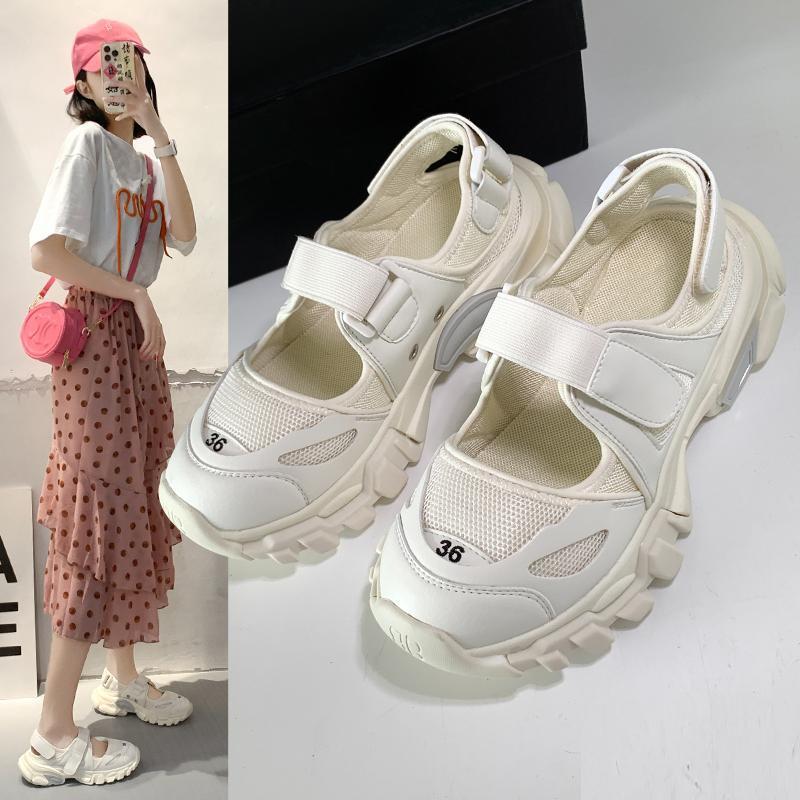 2025 Summer Ins Japanese Style Retro Velcro Thick-Soled Cut Out Sports Dad Sandals Casual Flats Beach Women's Shoes