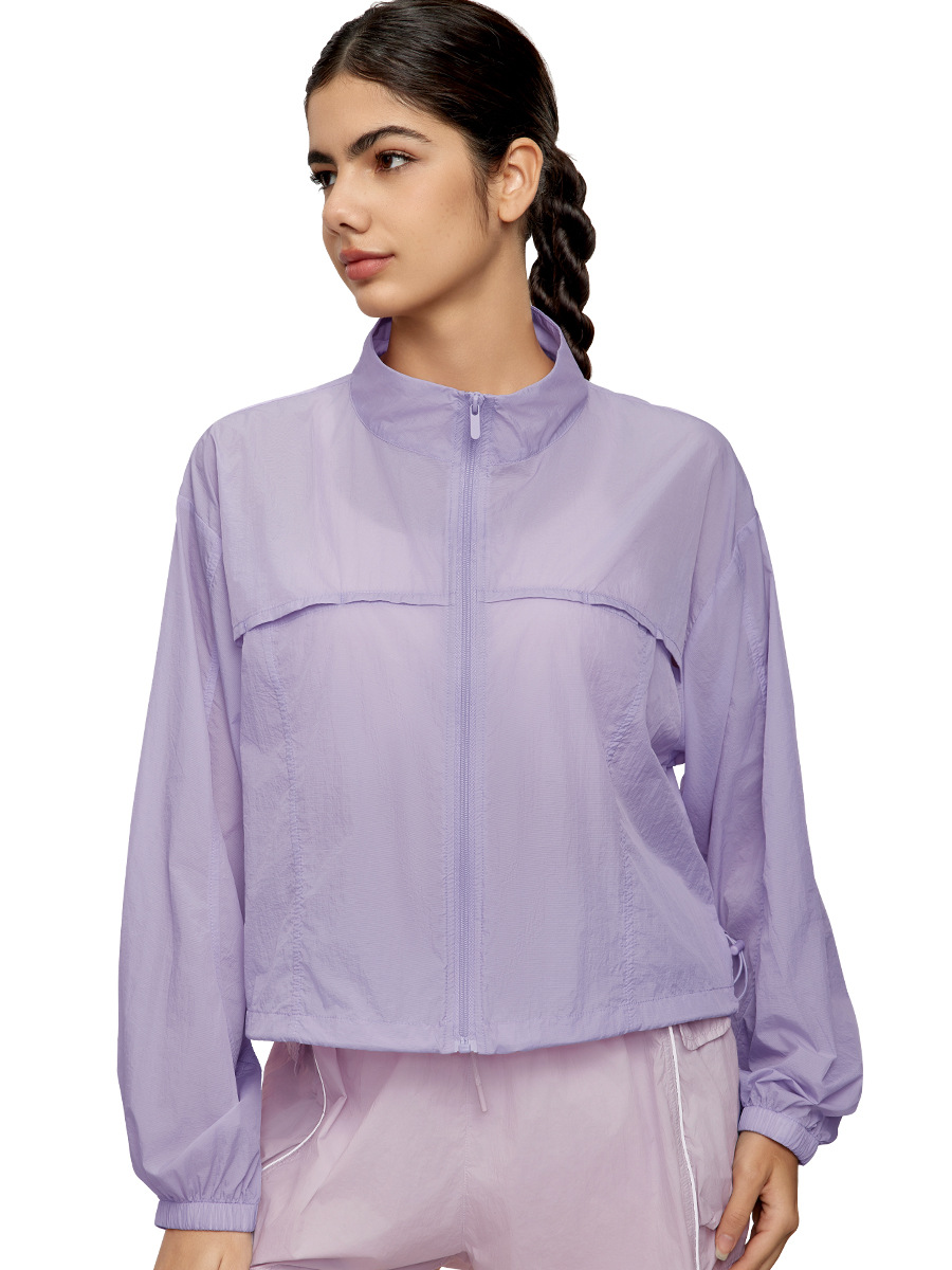 Picture of Summer Mountain Style Stand-Up Collar Sports Jacket for Women Outdoor Breathable Lightweight Cardigan Loose Casual Drawstring Fitness Top