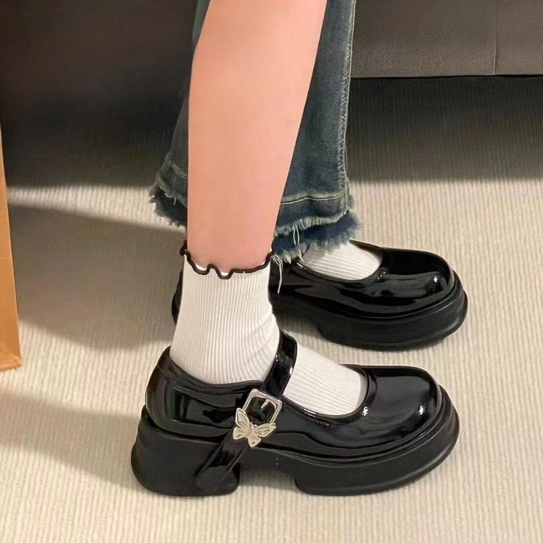 Heightened Summer Black Round Toe Jk Japanese Style Thick-soled French High-heeled Leather Shoes Women's Spring and Autumn Retro Mary Jane Single-layer Shoes