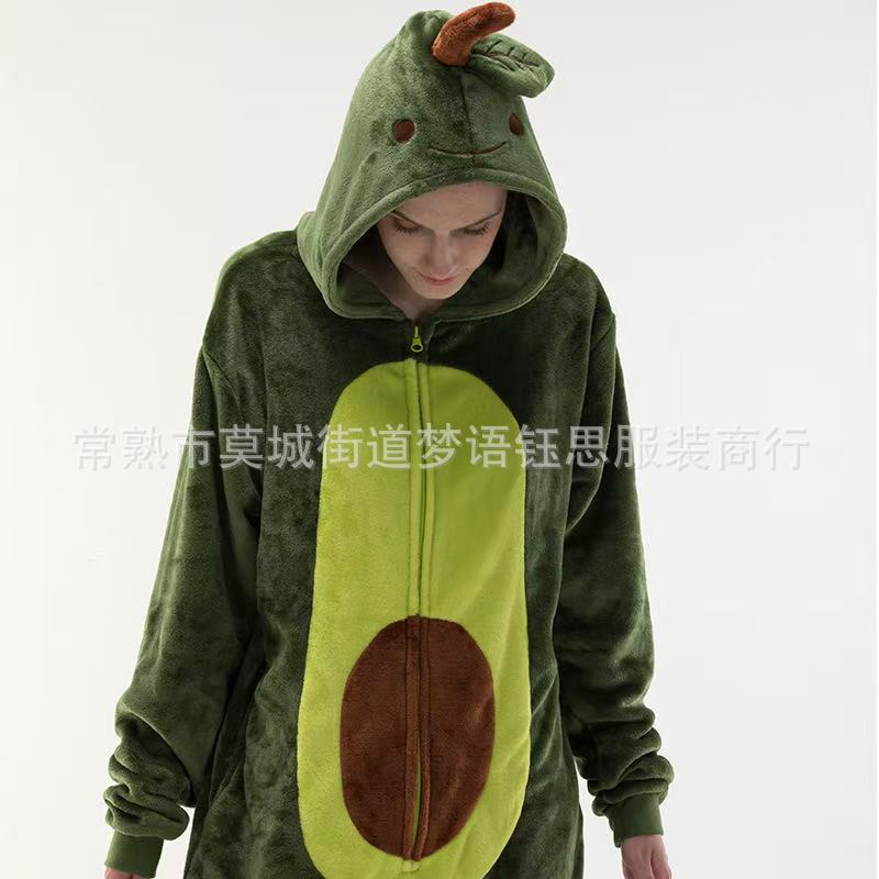 Foreign Trade Hot Style 2025 New Autumn and Winter Flannel Toilet Version Animal Cartoon One-Piece Pajamas Avocado Home Clothes