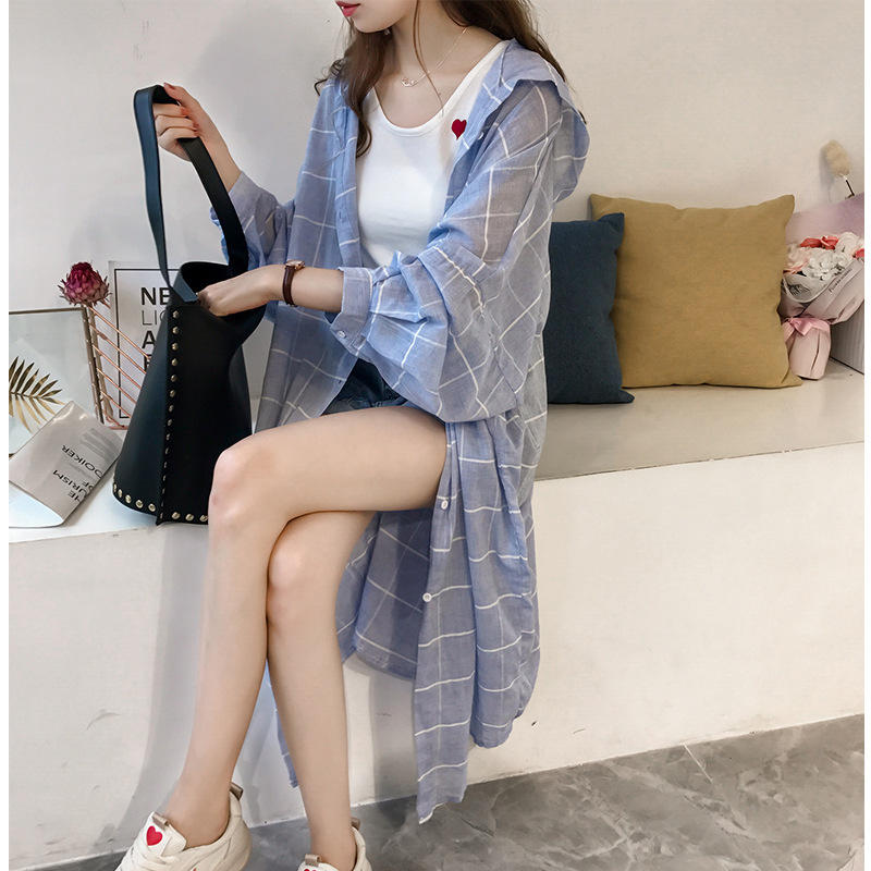 Autumn sun protection clothing 2023 new South Korea loose BF plaid shirt plus size women's chubby girl long top
