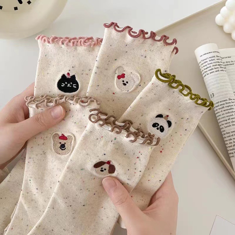 Autumn and Winter New Zhuji Socks Women's Cute Lace Cartoon Animal Middle Tube Japanese Style Point Yarn Ear Edge Piled Socks