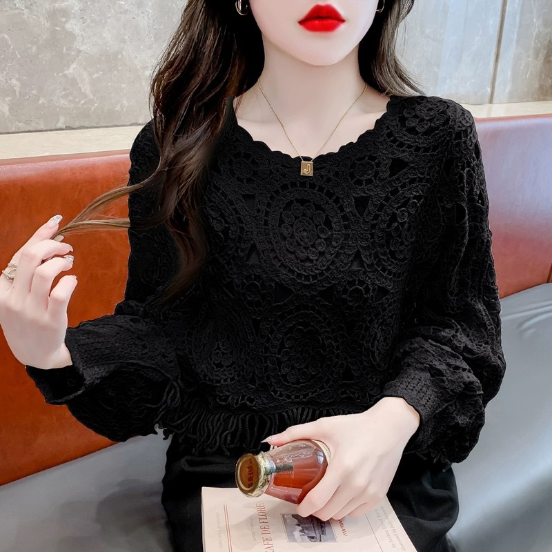 Picture of Retro ethnic style round neck tassel crocheted hollow batwing sleeve short pullover sweater blouse women's casual top