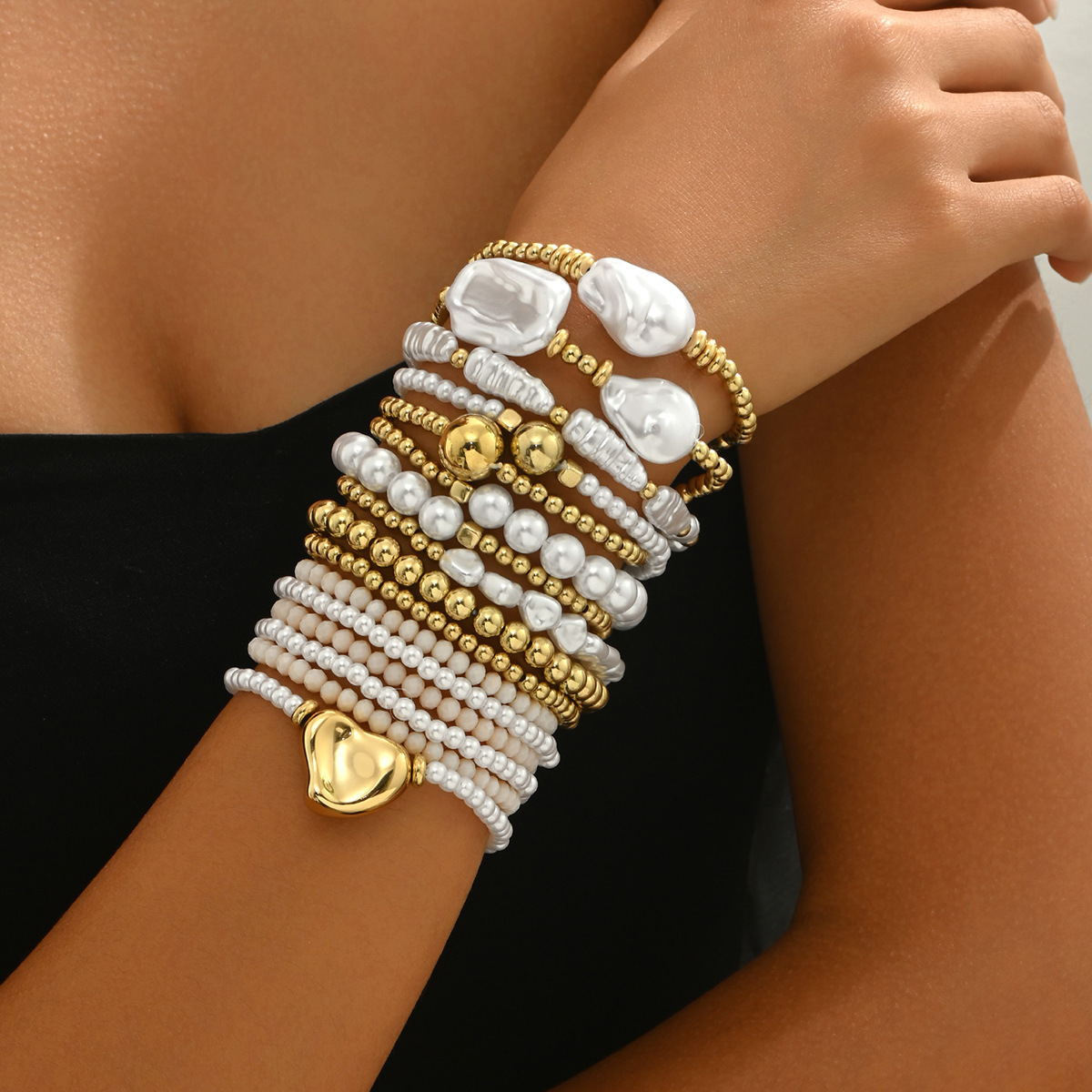 European and American Fashion Commuter Style Ladies Geometric Bracelet suit Personalized Beads Niche Design Advanced Sense Multi-Layer Bracelet