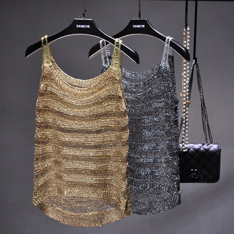 Han En's 2019 New Xia Jin Line Bright Silk Hollow Camisole Vest Shiny Thin Sexy Perspective Top