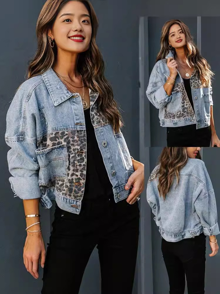 Cross-Border New Amazon Denim Jacket Women's Long-Sleeved Independent Station European and American Jacket Women's Leopard Print Splicing Top