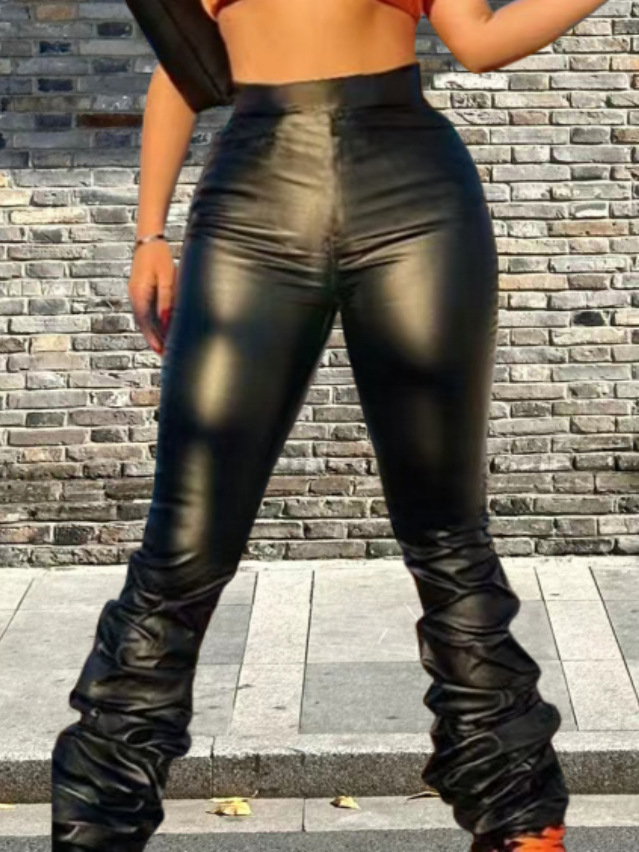 European and American Cross-border Women's Clothing Amazon 2021 Independent Station recommend Solid Color Sexy PU Leather Pleated Casual Pants INS