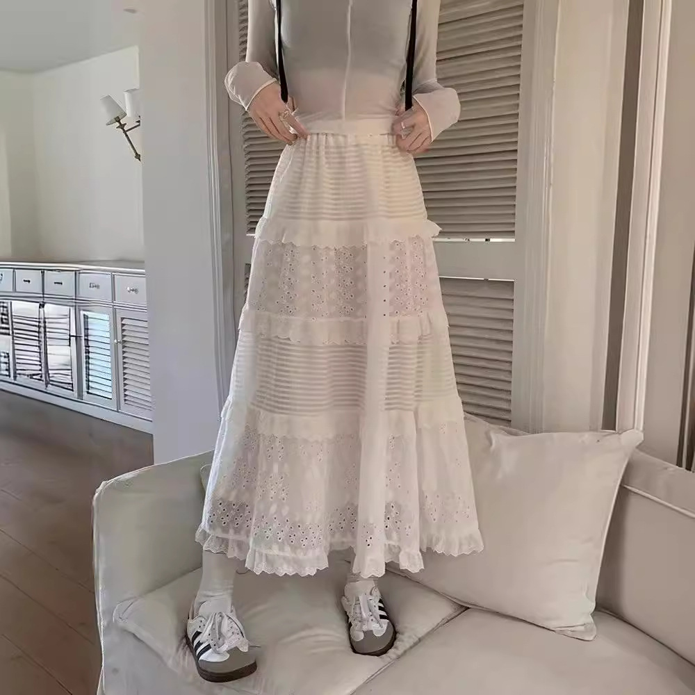 Gentle Style Lace Splicing Crocheted High-waisted A-line Skirt for Women Summer New Loose Slimming Look Cake Long Skirt