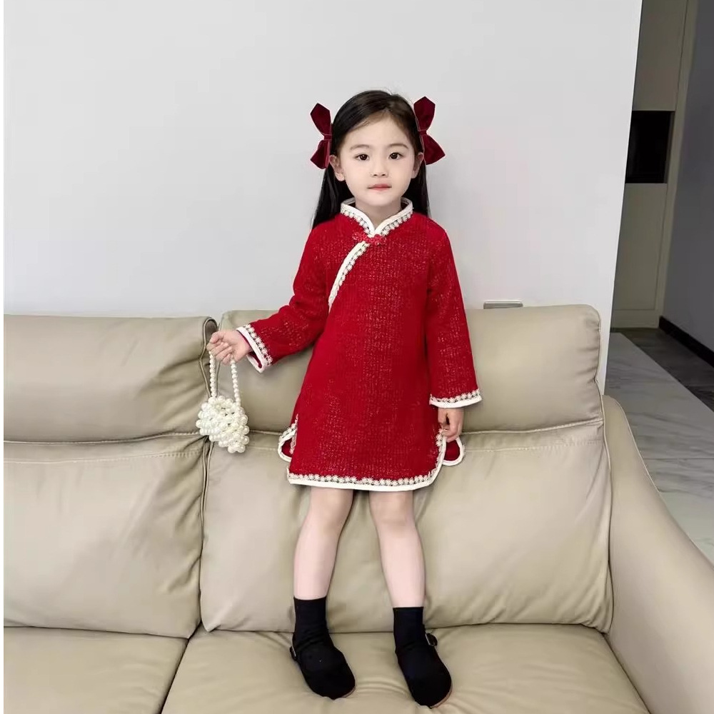 Girls Cheongsam Winter New Year's Clothing Chinese Style Improved dress 2024 Children's Baby fleece-lined Red Skirt