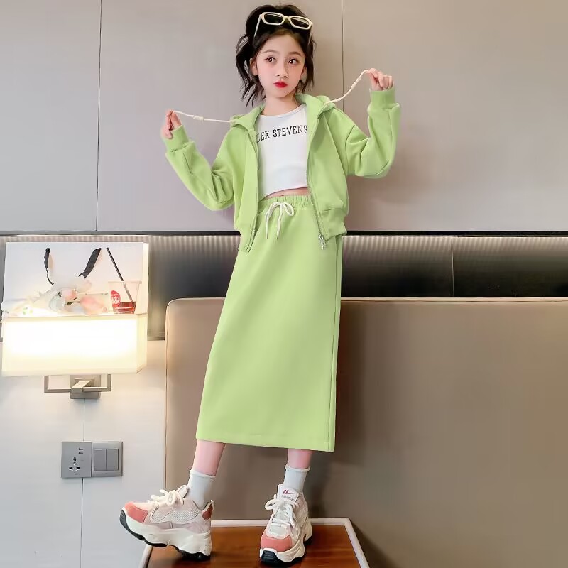 Girls spring suit new coat fashion hooded coat slim casual skirt sweater coat two-piece set
