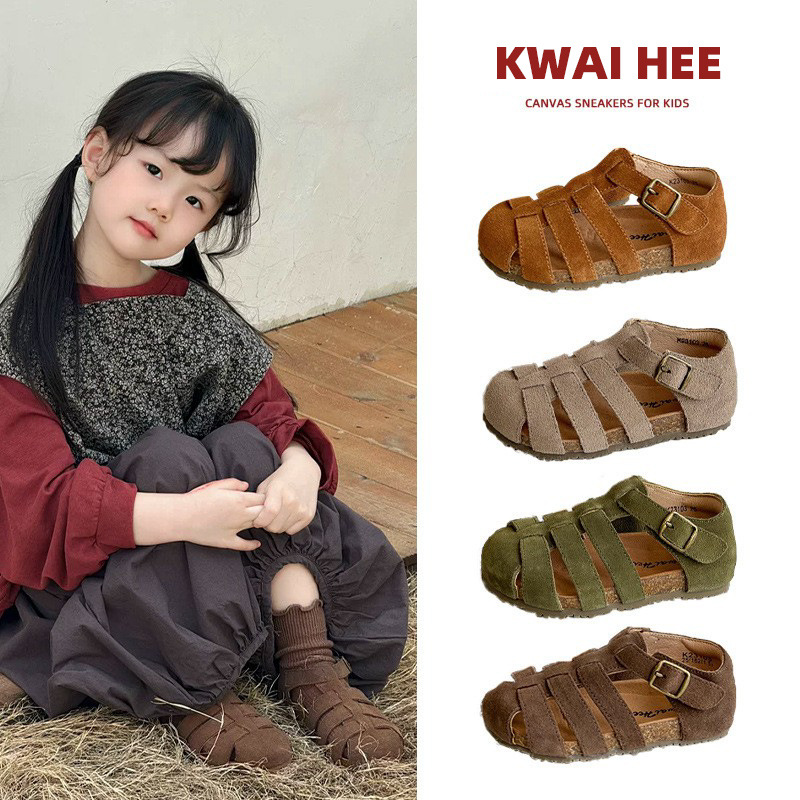 Korean Style Kidsren's Birkenstock Sandals Spring and Summer Girls' Frosted Genuine Leather Woven Roman Shoes for Boys Baotou Cork Beach Shoes