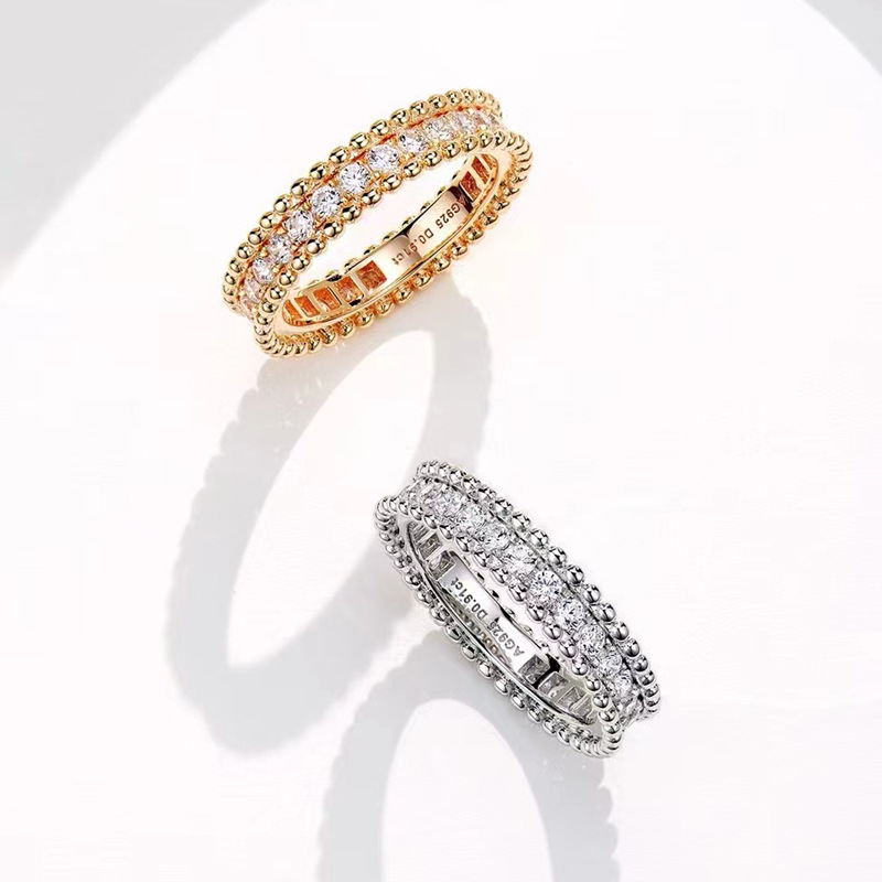 Anna Same Style 925 Sterling Silver Gold-plated Bead Edge Ring Internet Celebrant Women's Gift All-match Fashionable Full Diamond Row Ring Stacked to Wear