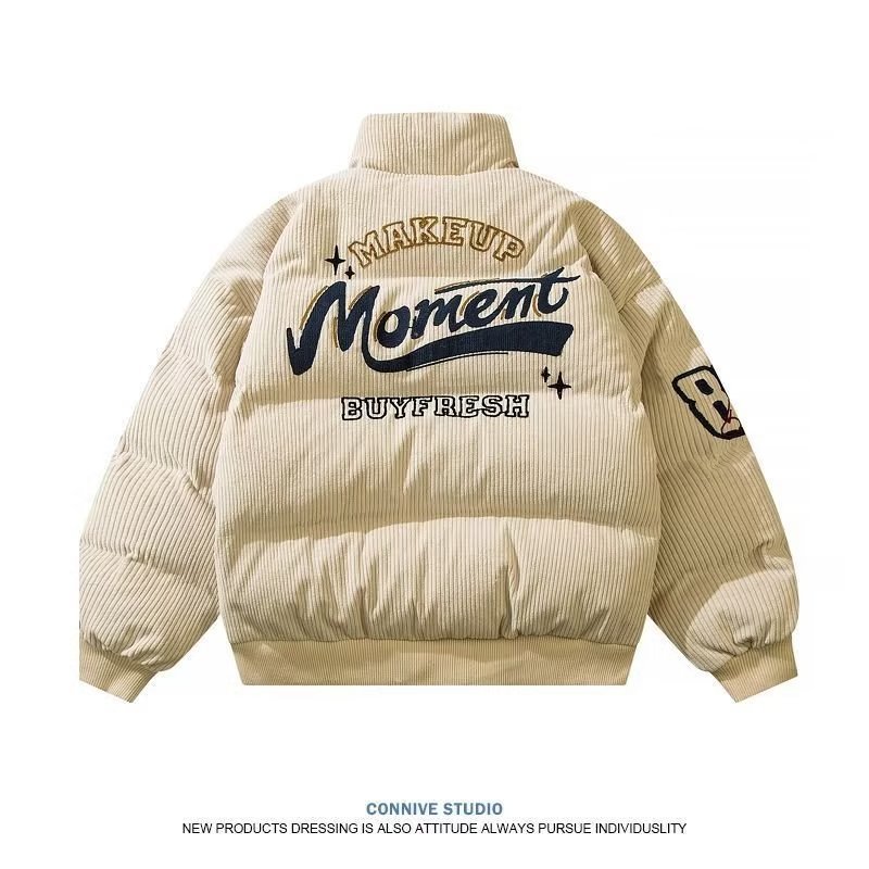 American Style Vintage Corduroy Winter Embroidered Vertical Collar Cotton-padded Jacket for Men and Women Trendy Brand Loose Bread Suit for Couple Jacket