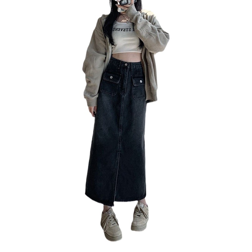 008 split Denim skirt women's spring fashion high waist mid-length slimming straight slimming A- line skirt ins fashion