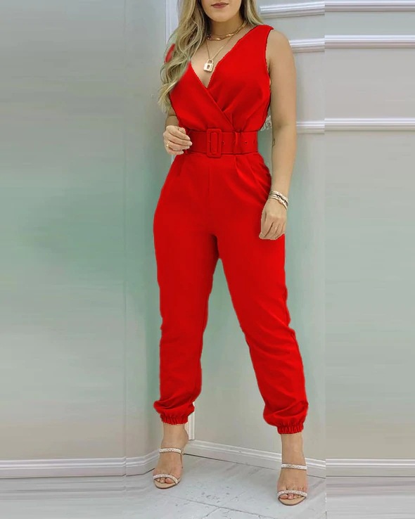 Picture of Spring and summer 2022 new independent station Europe and the United States cross-border V-neck backless printed high waist jumpsuit women (including Belt)