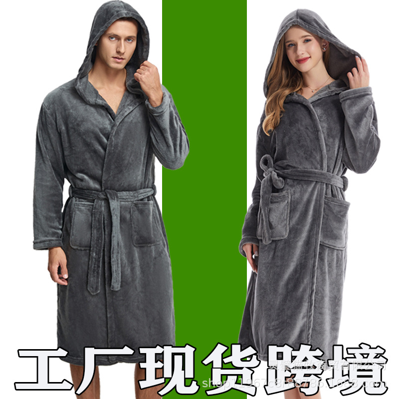 Hooded Bathrobe Home Clothes Coral Fleece Hooded Pajamas Bathrobe Extra Long Flannel Cross-border Couple Nightgown Hat