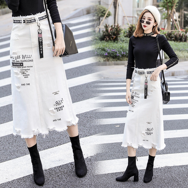 European Station Denim Skirt Skirt Women's Spring and Summer Large Size Ripped White ins Burr Hip Mid-Length One-Step Skirt