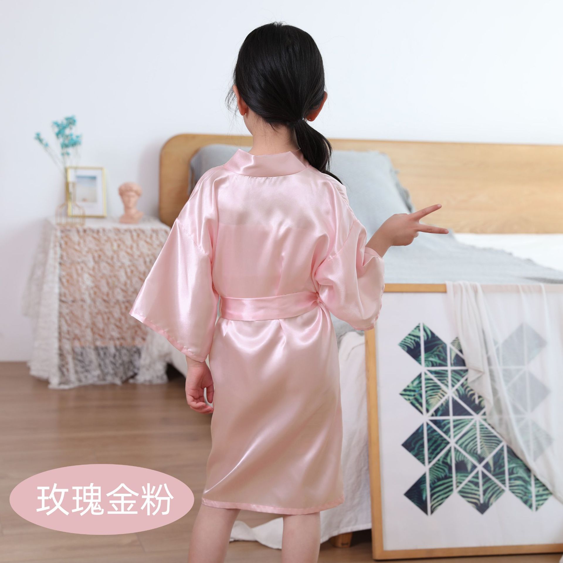 Picture of Cross-border children's solid color morning gown simulation silk nightgown skirt foreign trade satin bathrobe long cardigan kimono Amazon