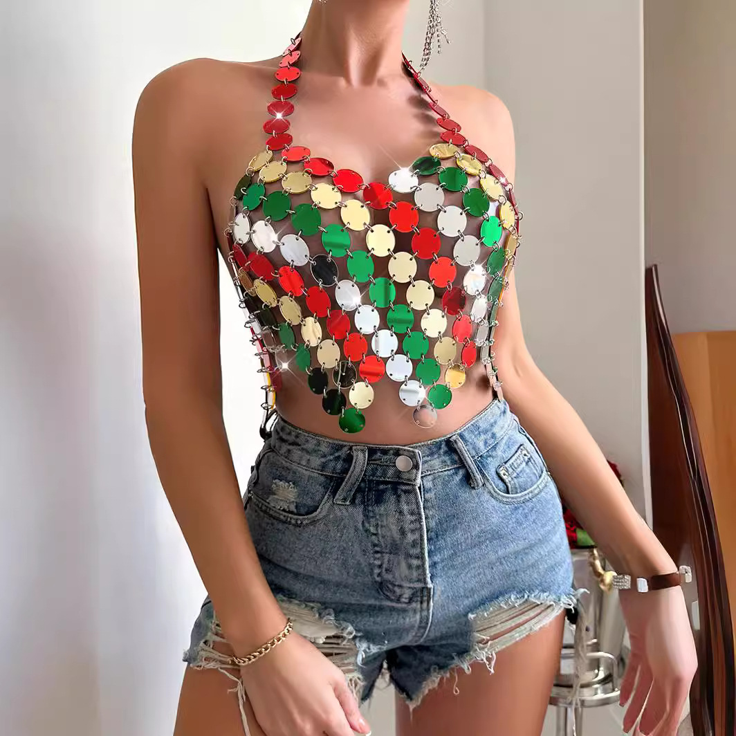 2025 European and American Cross-Border Amazon New Colorful Splicing Sexy Acrylic Backless Halter Top L21623