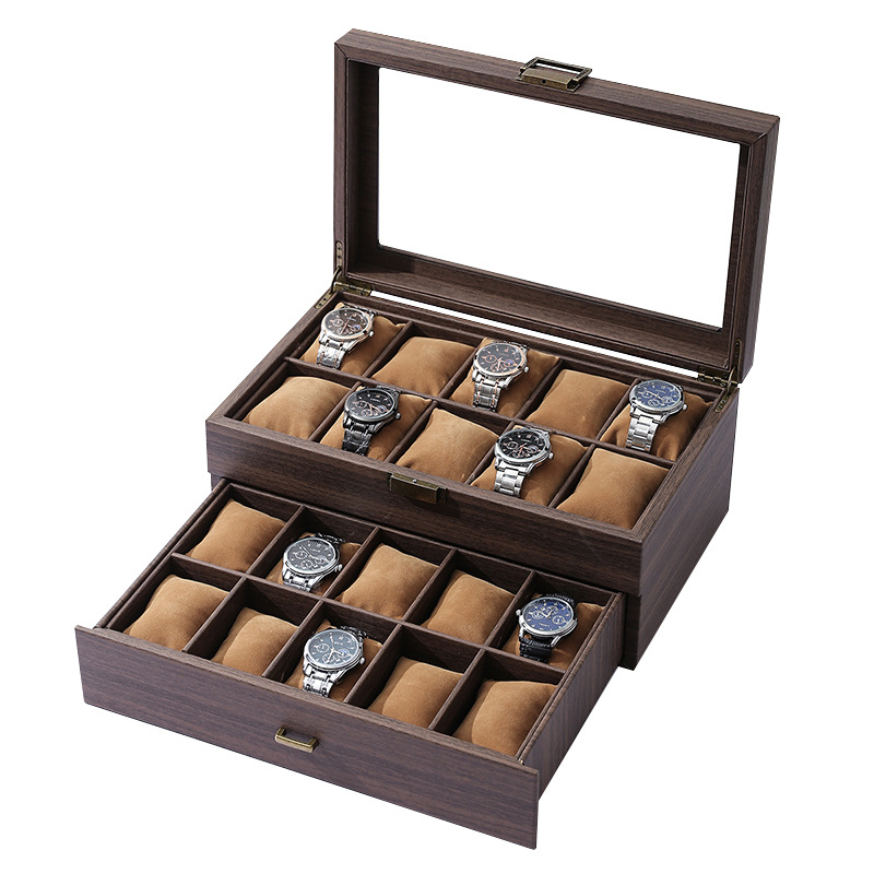 Retro Edition in stock Wood Grain PU Double Layer 20 Watch Jewelry Storage Box High-end 20 Watch Collection Leather Box