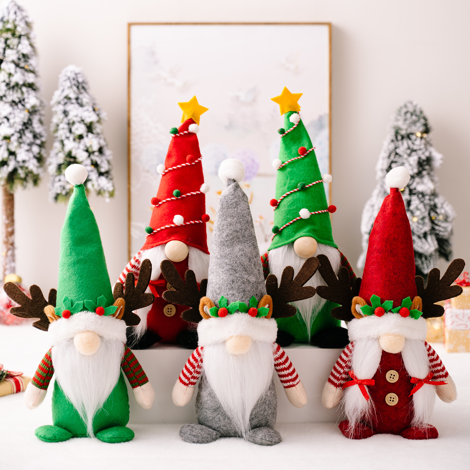 Cross-Border New Christmas Decorations Antler Hat Christmas Tree Five-Pointed Star Hat Rudolph Doll Christmas Faceless