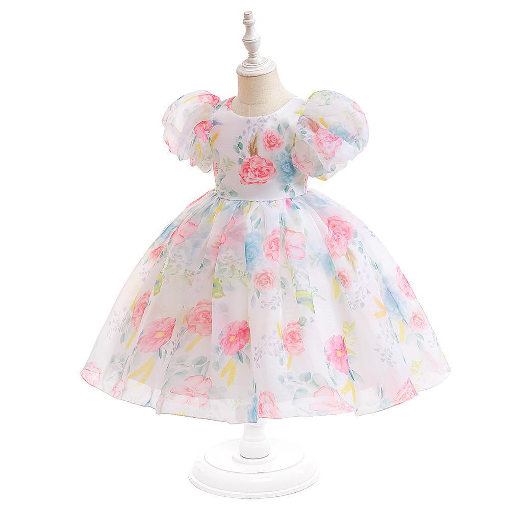 Picture of Girls' Dress European and American Puff Sleeve Princess Dress Children's Floral Mesh Puff dress 2024 Flower Girl Wedding Dress