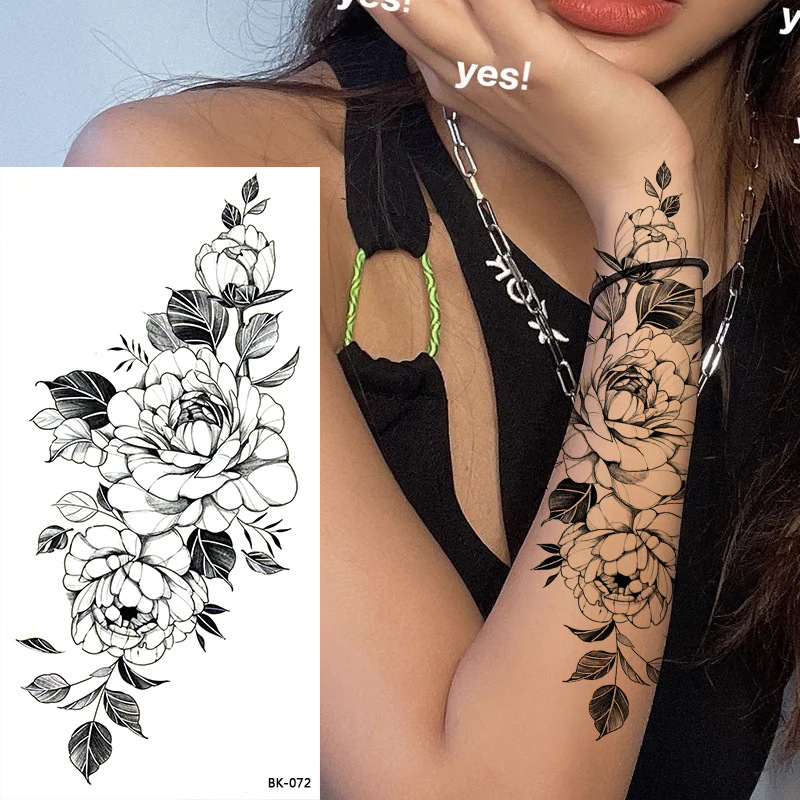 Picture of Cross-Border Supply of Sketch Flower Tattoo Stickers, Sketch Tattoo Stickers, Rose Flower Black and White Flower Tattoo