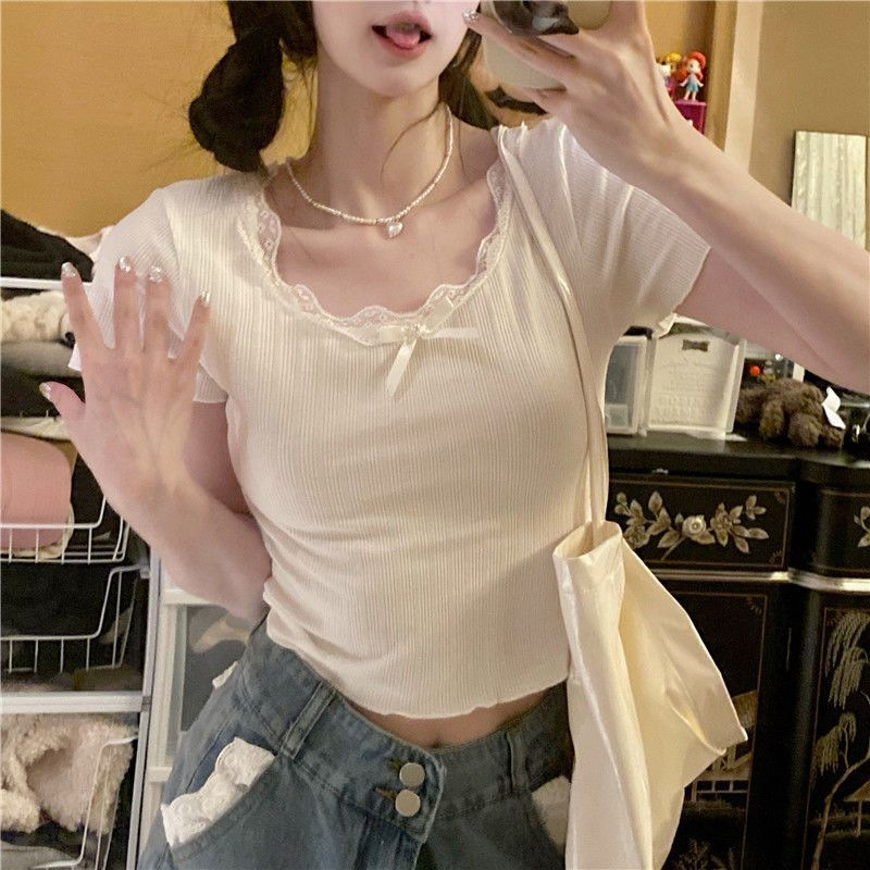 Korean Style Sweet and Hot Style Short T-shirt Bow Lace Design Sense Summer Shoulder Short Sleeve Top