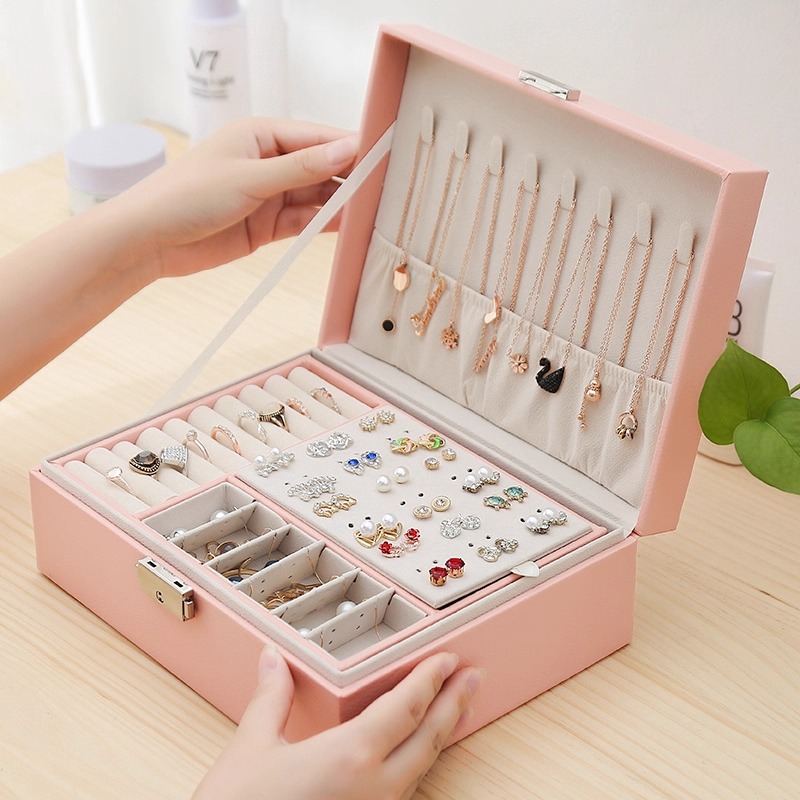 Lockable Double-Layer Jewelry Box Storage Box Earring Box Jewelry Earrings Large Capacity Dust-Proof Earrings Double-Layer Large Capacity