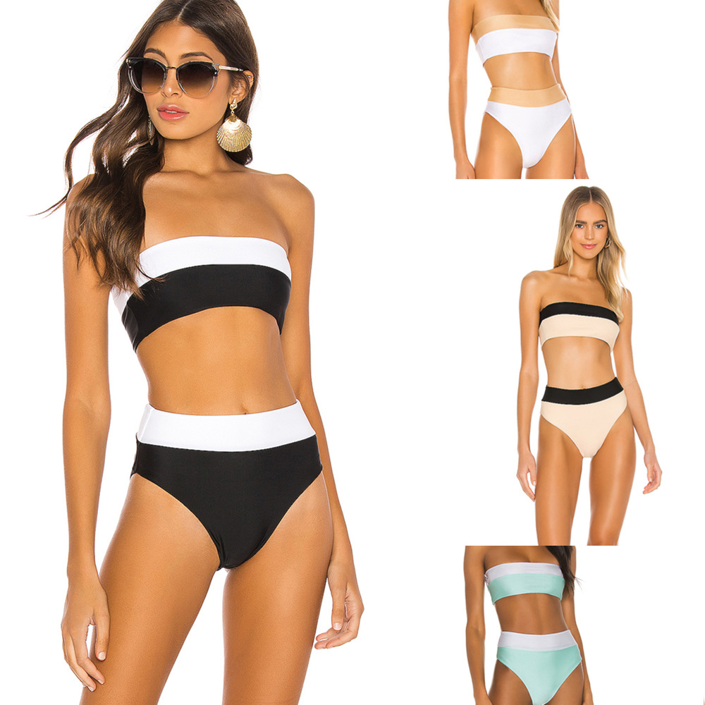 New 2024 Aliexpress Amazon Foreign Trade Tube Top Bikini Color Block Separates Swimsuit Three Color Spot Bikini