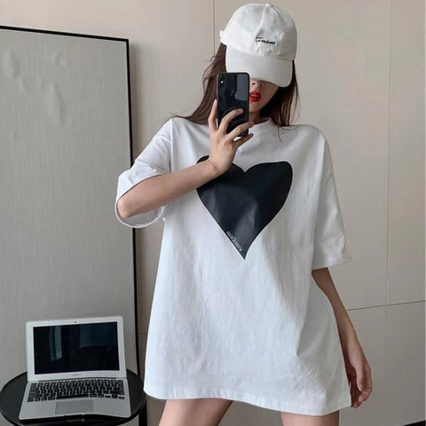 European Station Summer Mid-length Printed Love Short-sleeved White T-shirt Women's All-match Loose Slimming Base Shirt Top