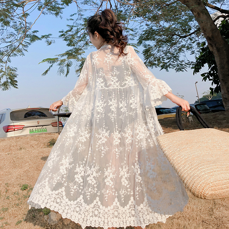 2019 Embroidered Shawl Thin Coat Summer Vacation Seaside Beach Sunscreen Women's Mid-Length Lace Cardigan