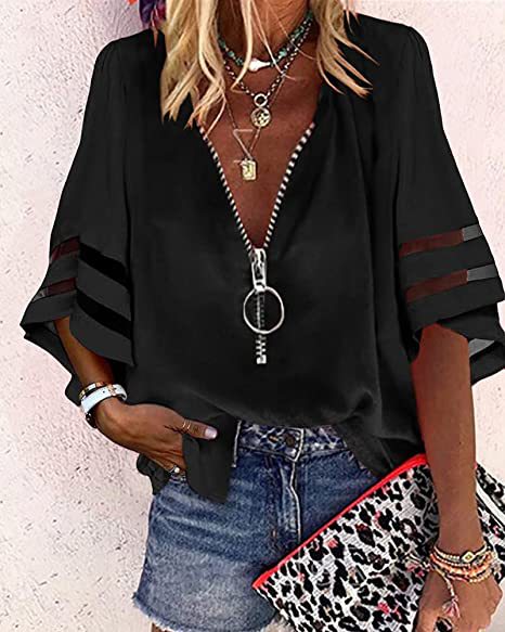 Picture of 2025 European and American Amazon New V-neck Zipper Shirt Half Horn Sleeve Mesh Stitching Loose Casual Shirt Women