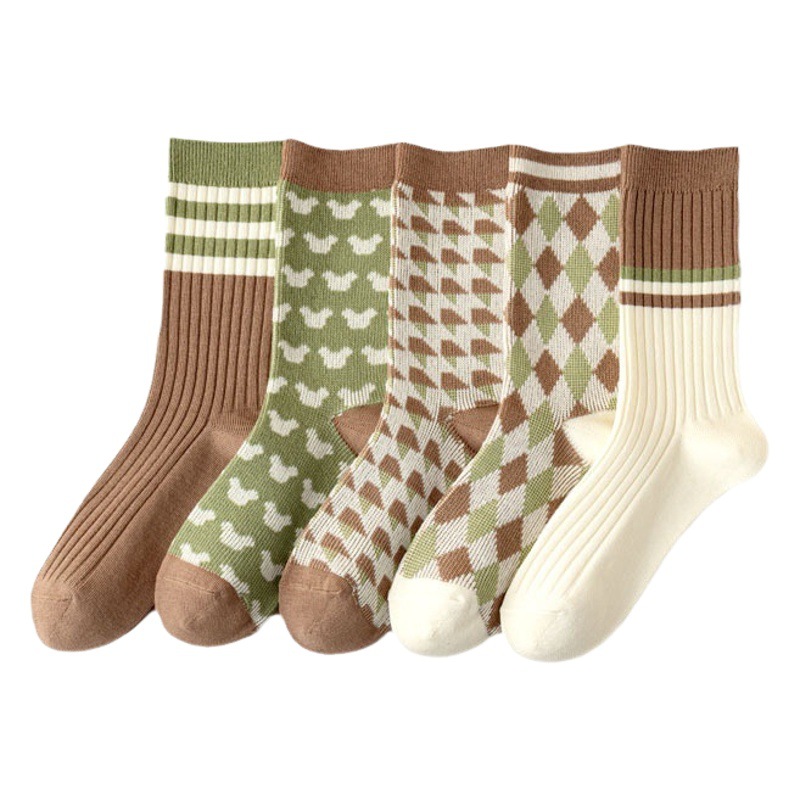 Autumn and Winter New Women's Socks, Artistic Retro Women's Cotton Socks, Diamond Pattern Double-Needle Casual Style Slouch Socks Wholesale