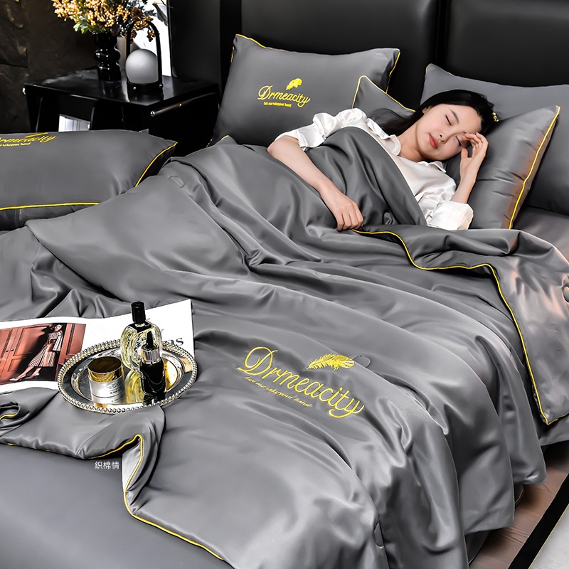 Class A Washed Ice Silk Summer Quilt Four-piece Set Summer Cool Quilt Nude Sleeping Embroidered Air-conditioning Quilt Cool Silk Summer Thin Quilt