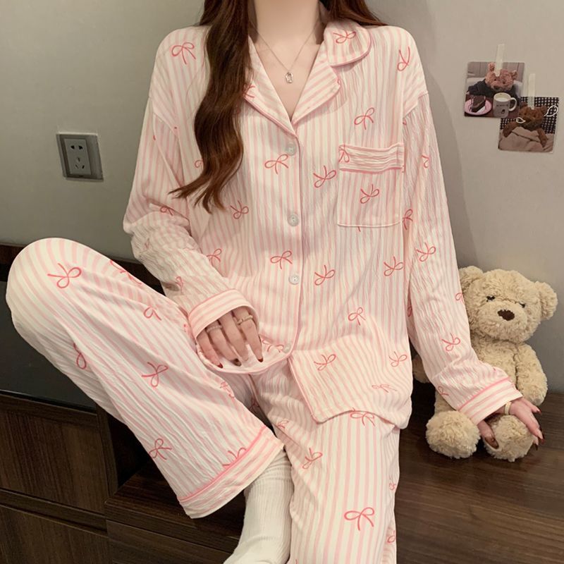 Sweet Cute Bow Pajamas Women's 2025 Spring and Autumn Long Sleeve Trousers Cardigan Outwear Home Clothes suit