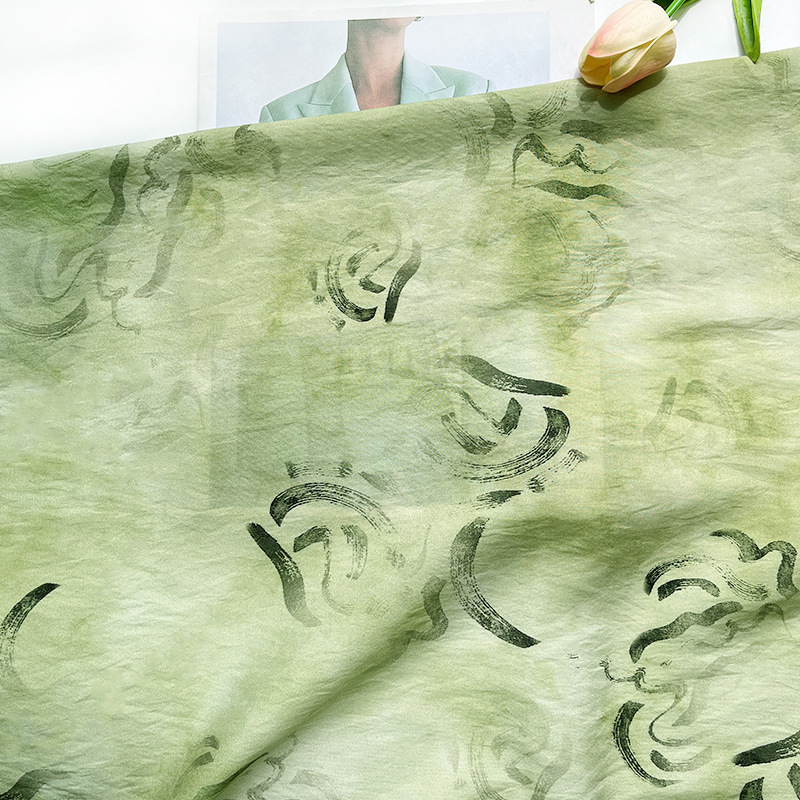 Green Bottom Calligraphy Line Digital Printing Fabric Brocade Cotton Fabric Ethnic Style Cheongsam dress Top Hanfu Fabric