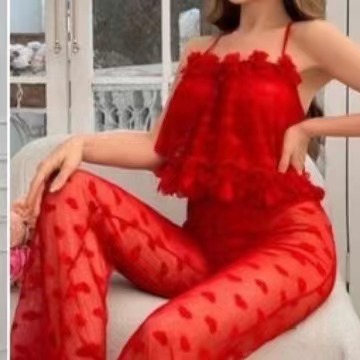 European and American foreign trade cross-border sexy pajamas lace home clothing vest suit red love plus size