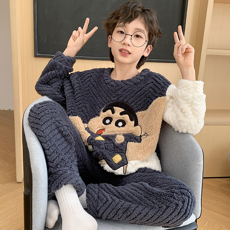 Picture of Autumn and Winter Plush Children's Pajamas Boy's Cute Cartoon Thickened Warm Coral Fleece Children's Home Clothes