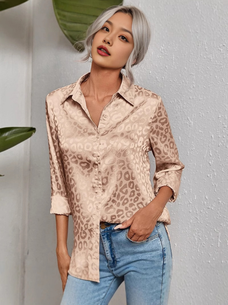 Europe and the United States cross-border women's 2025 spring and summer new lapel open button leopard print jacquard shirt temperament commuter long sleeve shirt
