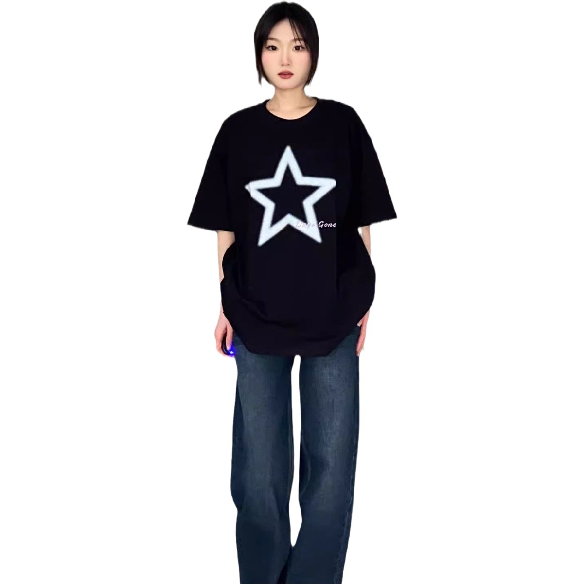 Summer 2025 New Star Print Korean Style Versatile Women's T-Shirt Round Neck Half Sleeve Design Niche Short-Sleeved Ins