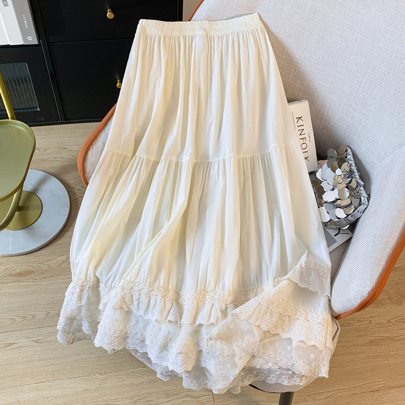 Real shot sweet Mori retro mesh lace stitching long cotton skirt inner skirt base dress