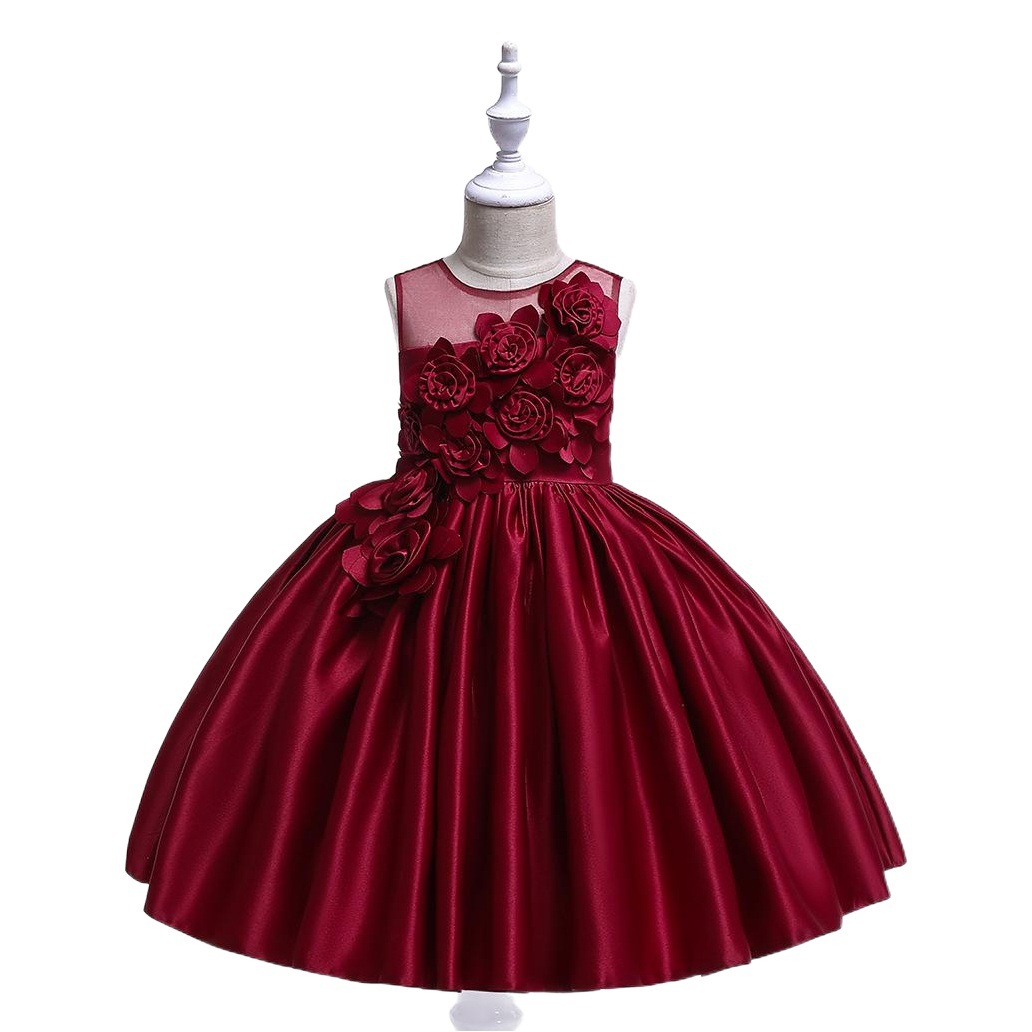 2024 cross-border children's mesh tube chest three-dimensional flower host performance dress princess dress forged cloth solid color
