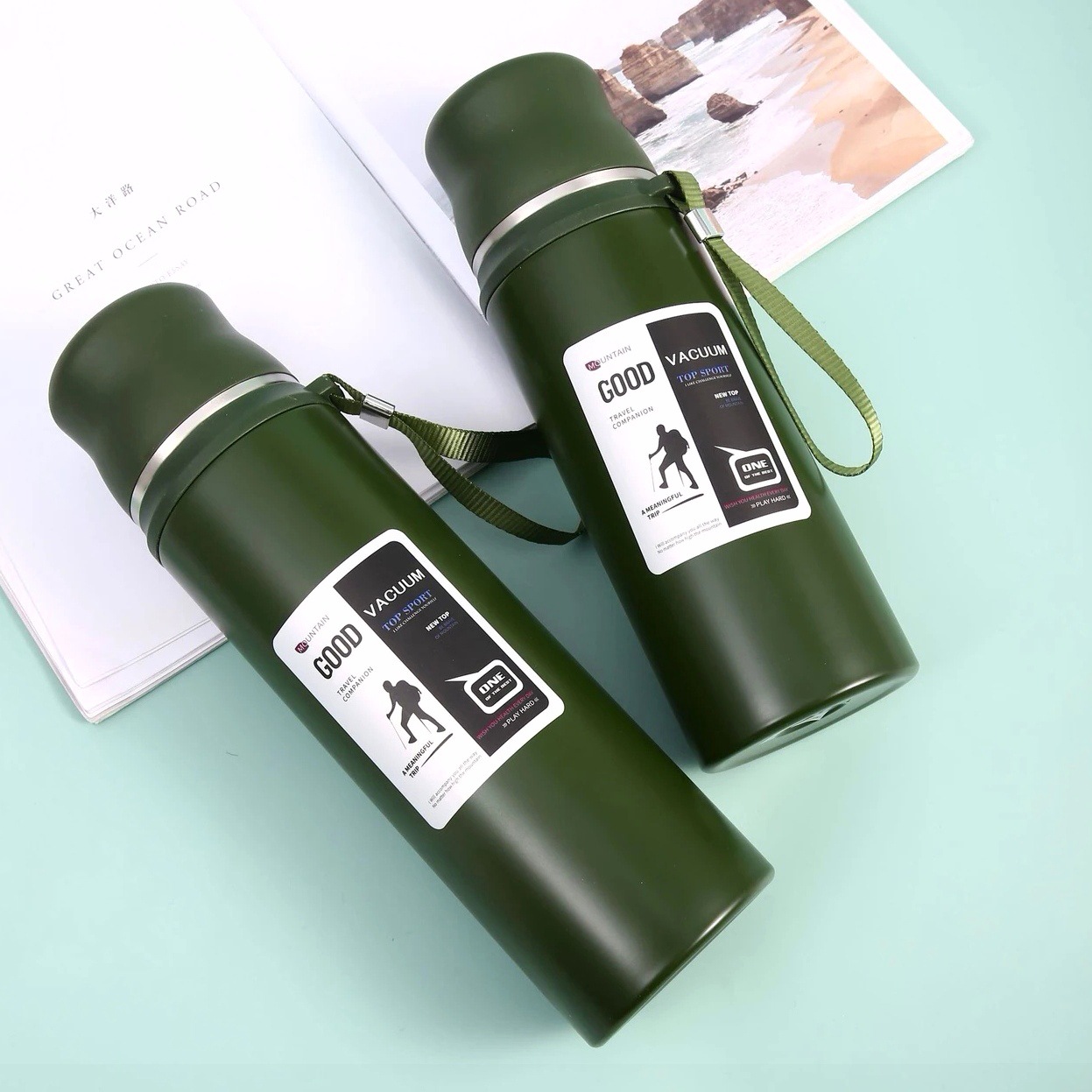 Picture of New large capacity 304 stainless steel vacuum cup one Cup double lid outdoor water cup high-looking portable student kettle