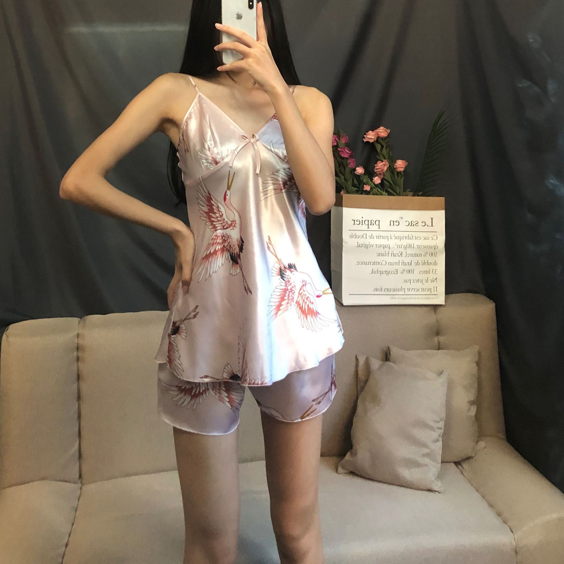 Picture of Cross-border crane nightgown shorts large size suspender skirt set ice silk nightgown set factory outlet