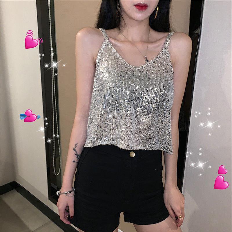 Internet Celebrity Camisole Women's 2024 Summer New Korean Style Fashionable Elegant Sequined Cut Out Versatile Bottoming Shirt Top