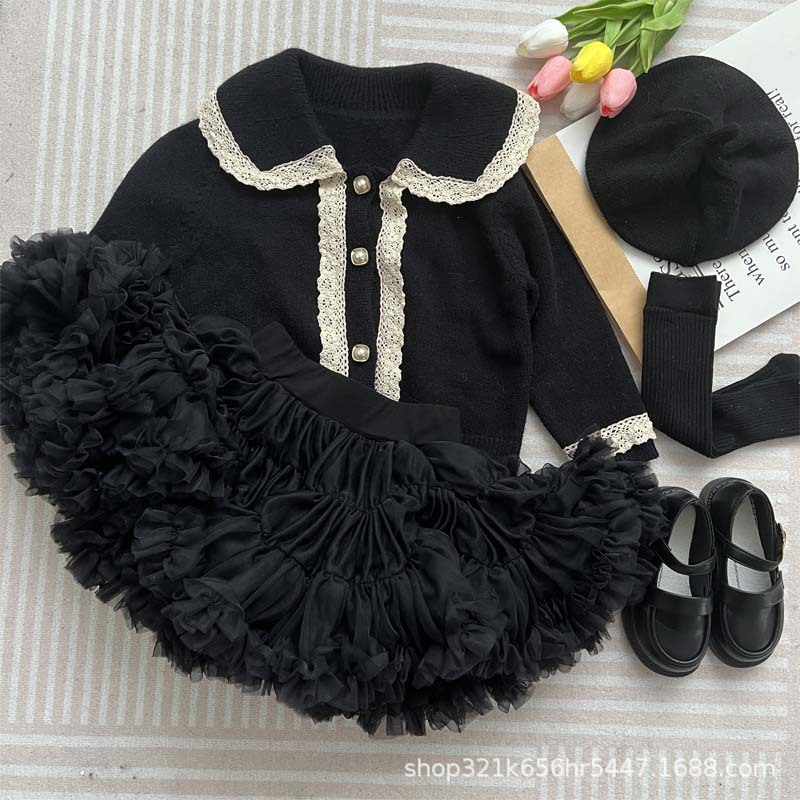 New Style Girls Sweater Cardigan Black Tutu Skirt Suit Baby Girl Small Fragrant Style Knitted Jacket Fashionable