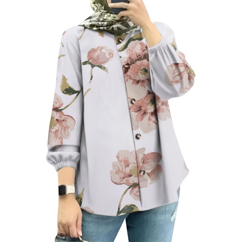 Picture of Spot Cross-Border Amazon Middle Eastern Malay New Women's Muslim Floral Shirt Fashionable Puff Sleeve Factory Batch
